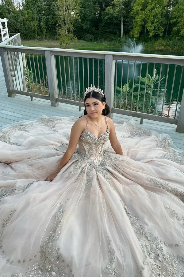 Gorgeous Ball Gown Sequined Lace Pear Pink Prom Dress TP1350