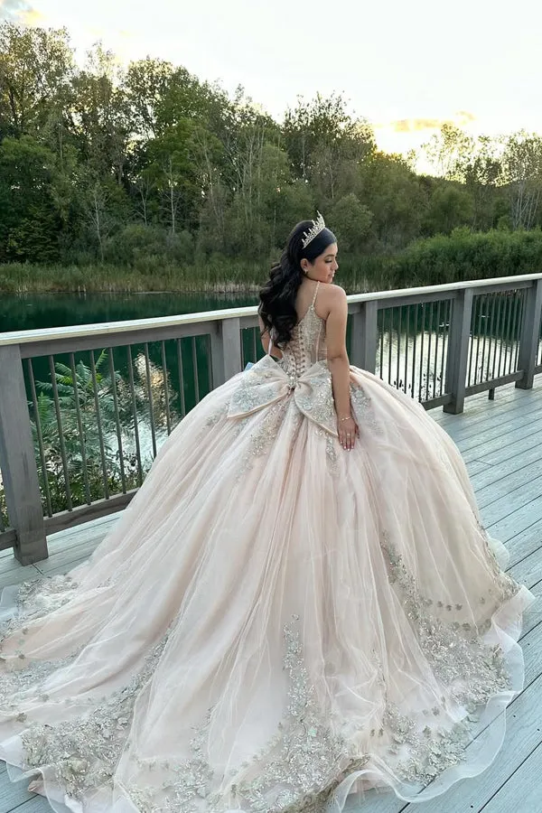 Gorgeous Ball Gown Sequined Lace Pear Pink Prom Dress TP1350
