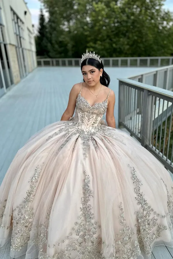 Gorgeous Ball Gown Sequined Lace Pear Pink Prom Dress TP1350