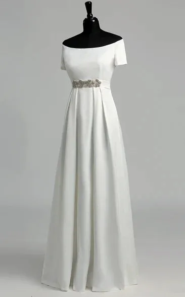 Graceful Off-the-shoulder A-line Beaded Satin Wedding Dress