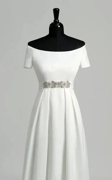 Graceful Off-the-shoulder A-line Beaded Satin Wedding Dress