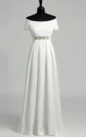 Graceful Off-the-shoulder A-line Beaded Satin Wedding Dress