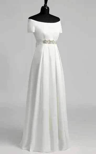 Graceful Off-the-shoulder A-line Beaded Satin Wedding Dress
