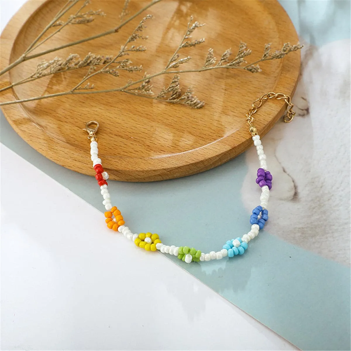 Green & Yellow Rainbow Beaded Floral Bracelet