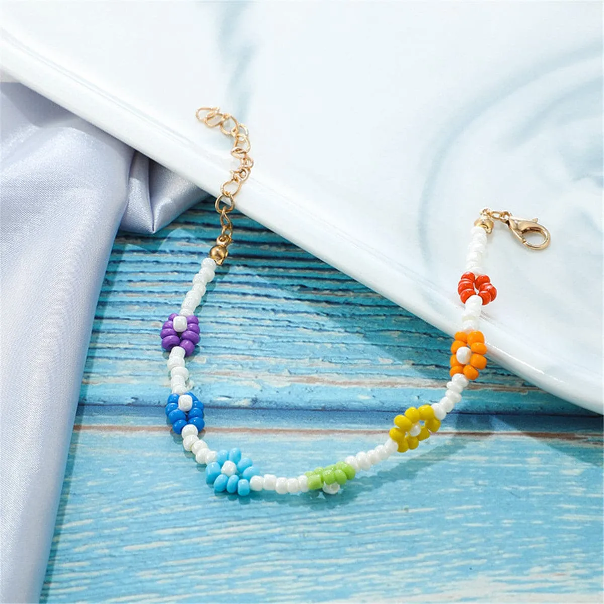 Green & Yellow Rainbow Beaded Floral Bracelet