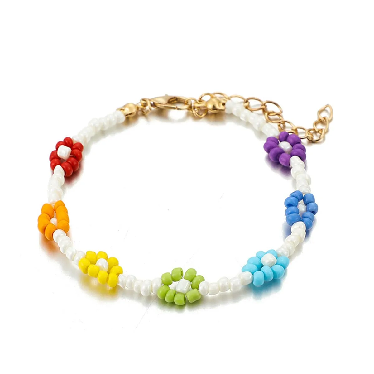 Green & Yellow Rainbow Beaded Floral Bracelet