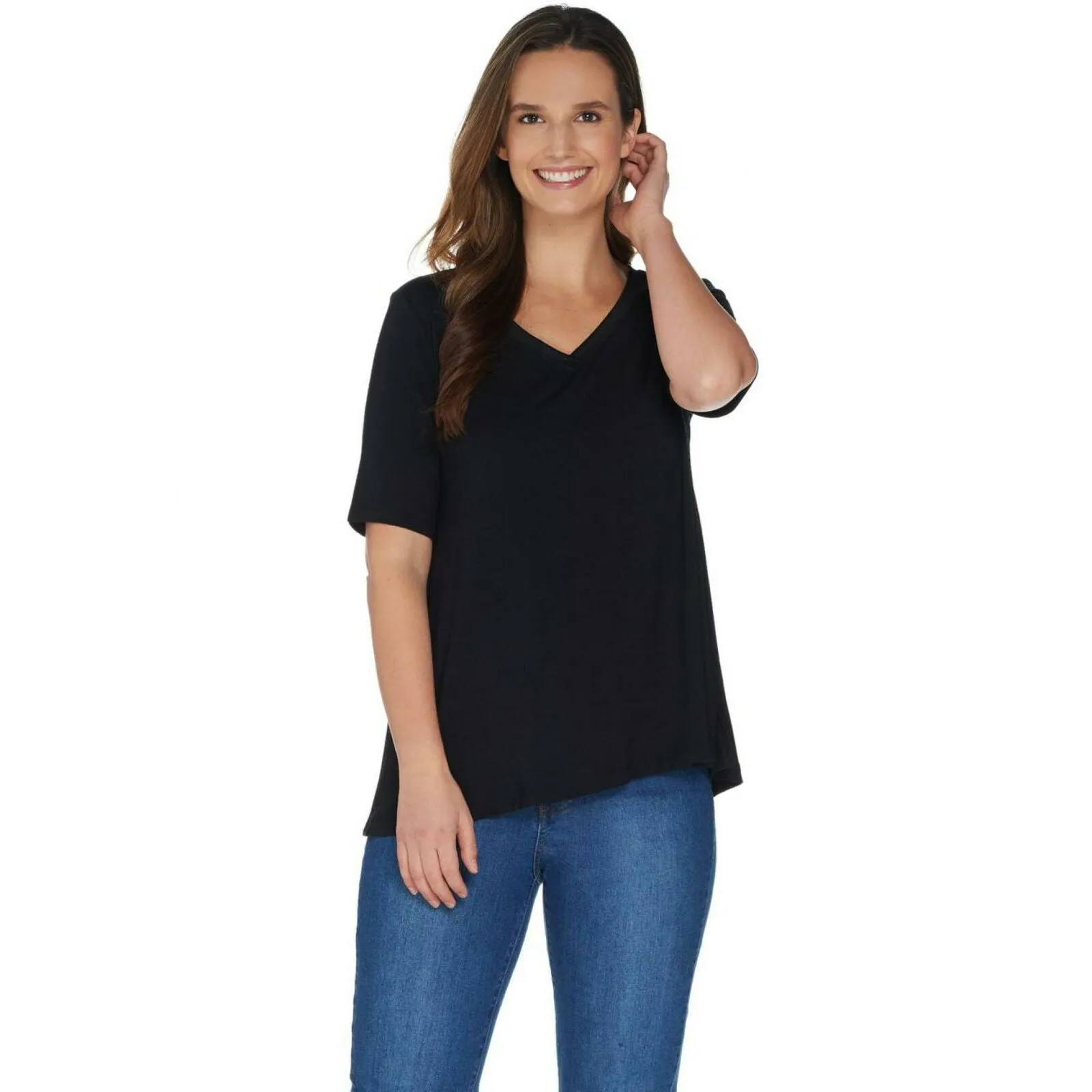 H by Halston Essentials Women's Forward Notch Detail V Neck Top Black Medium