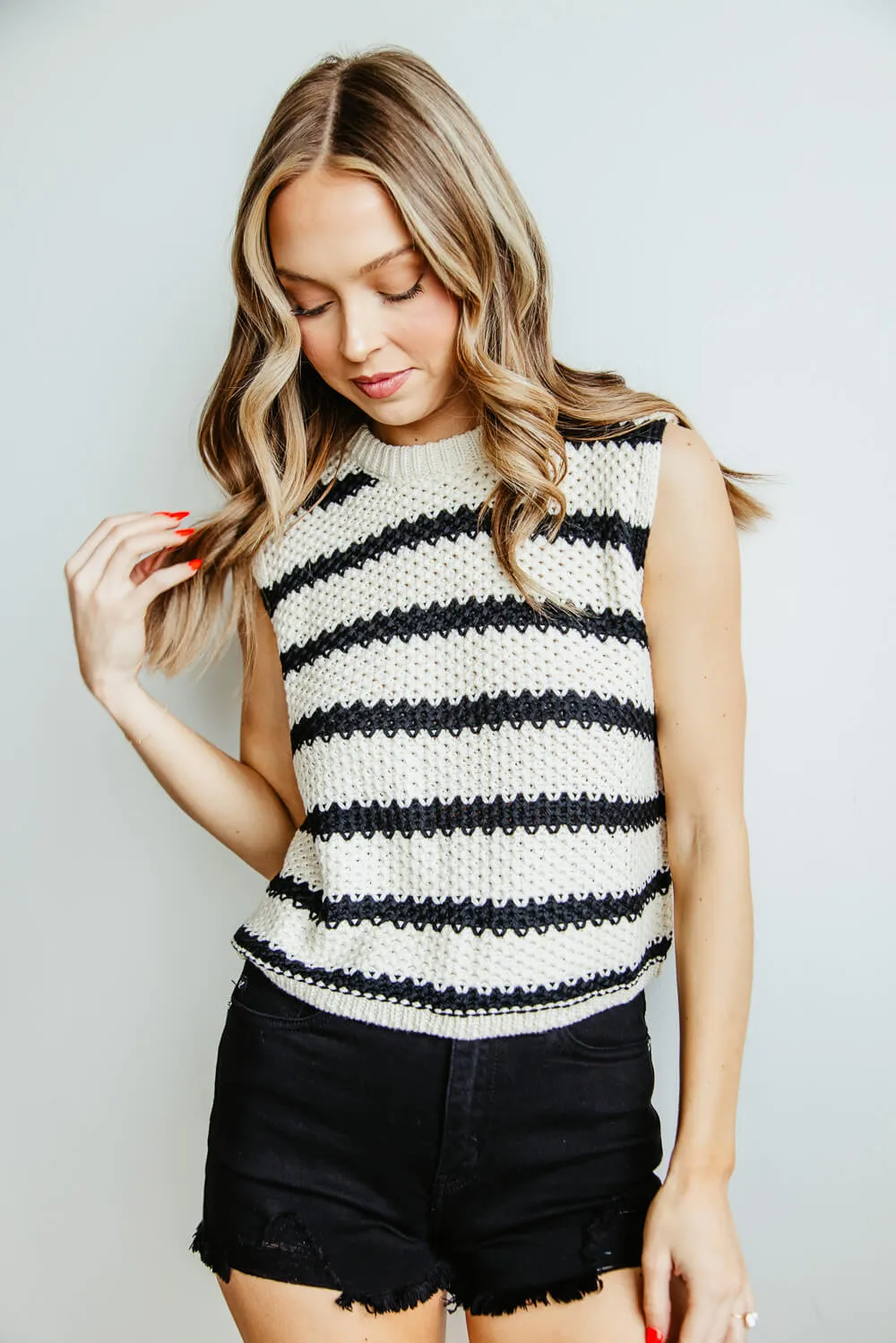 La Miel Crochet Sweater Top for Women in Cream/Black | MCS3584-OREO