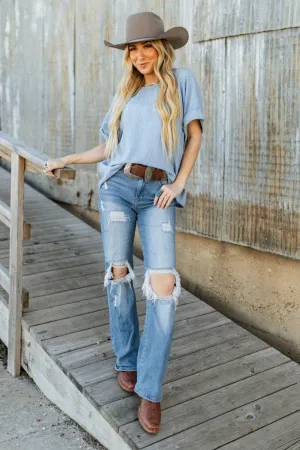 LADIES SKY BLUE TEXTURED KNIT TEE