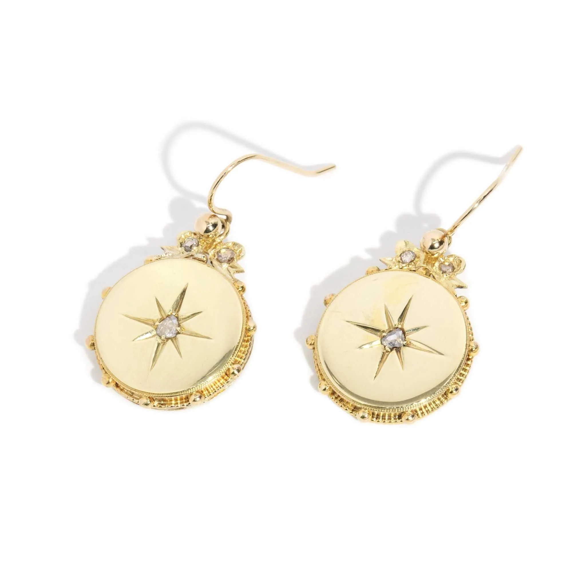 Leah 1930s Rose Cut Diamond Hook Earrings 15ct Gold