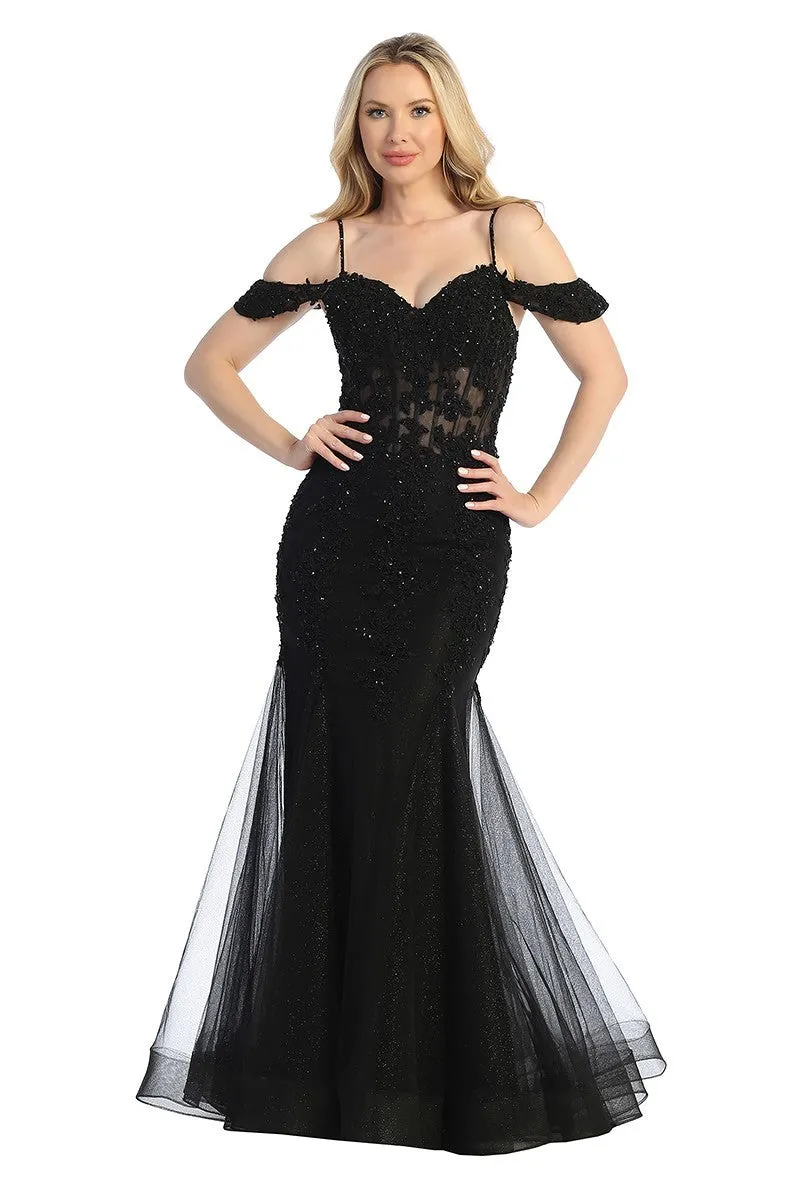 LF 7575 - Beaded Lace Embellished Fit & Flare Prom Gown with Sheer Corset Bodice & Tulle Skirt