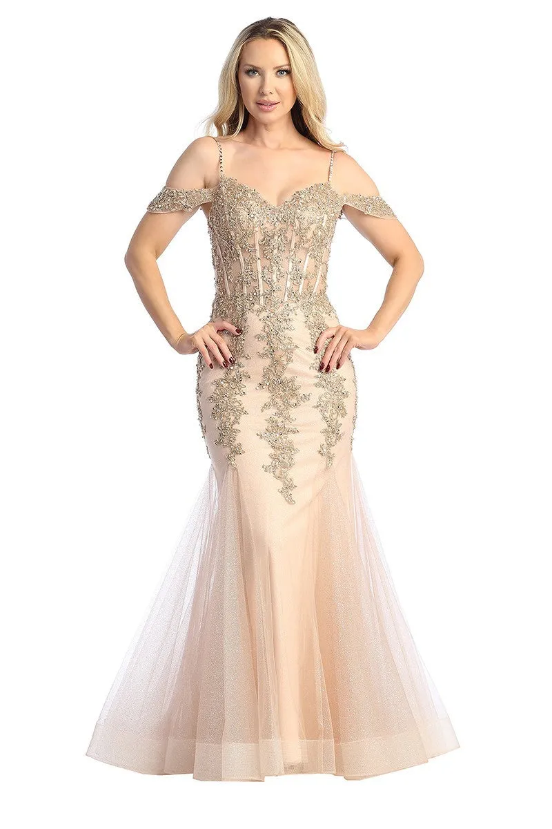 LF 7575 - Beaded Lace Embellished Fit & Flare Prom Gown with Sheer Corset Bodice & Tulle Skirt