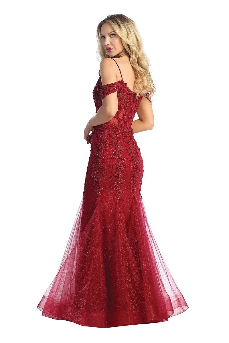 LF 7575 - Beaded Lace Embellished Fit & Flare Prom Gown with Sheer Corset Bodice & Tulle Skirt