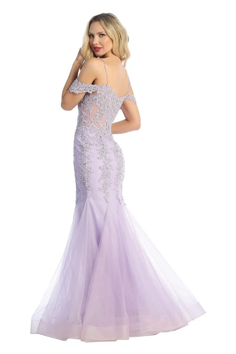 LF 7575 - Beaded Lace Embellished Fit & Flare Prom Gown with Sheer Corset Bodice & Tulle Skirt