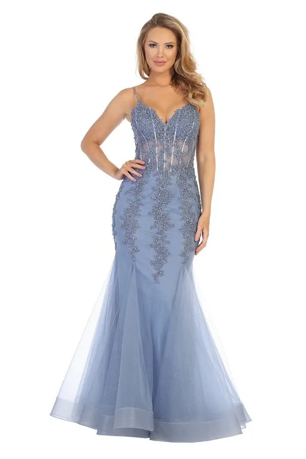 LF 7575 - Beaded Lace Embellished Fit & Flare Prom Gown with Sheer Corset Bodice & Tulle Skirt