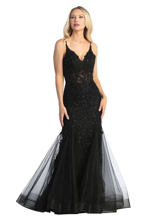 LF 7575 - Beaded Lace Embellished Fit & Flare Prom Gown with Sheer Corset Bodice & Tulle Skirt