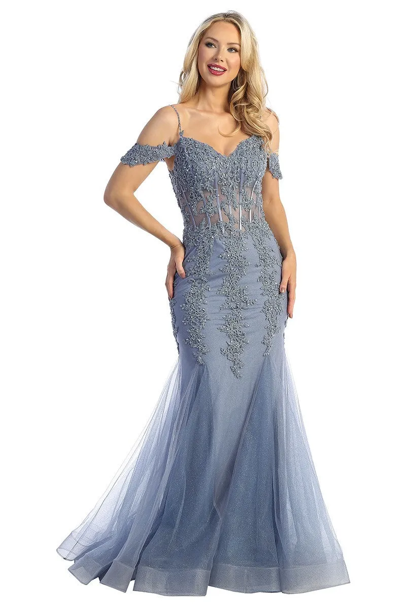 LF 7575 - Beaded Lace Embellished Fit & Flare Prom Gown with Sheer Corset Bodice & Tulle Skirt