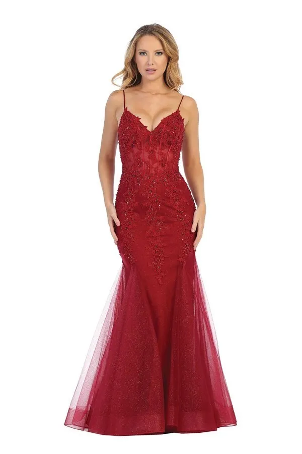 LF 7575 - Beaded Lace Embellished Fit & Flare Prom Gown with Sheer Corset Bodice & Tulle Skirt