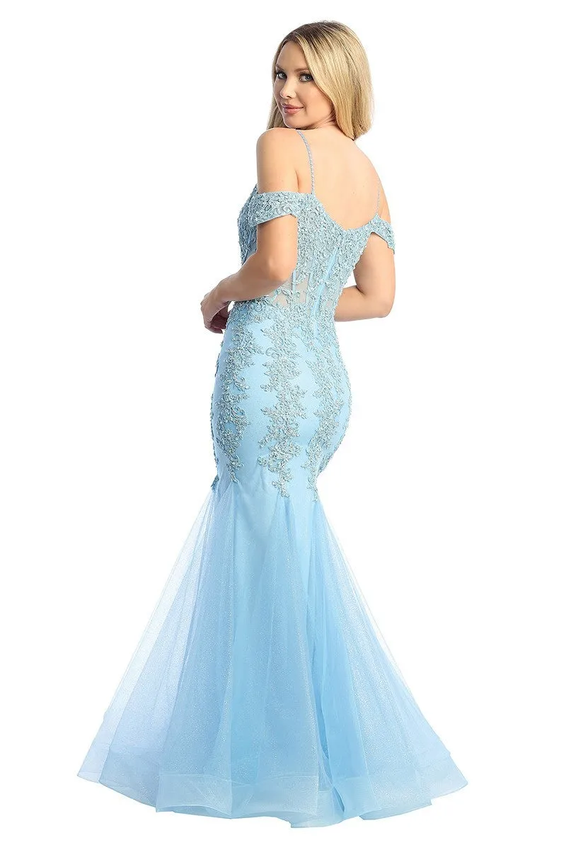 LF 7575 - Beaded Lace Embellished Fit & Flare Prom Gown with Sheer Corset Bodice & Tulle Skirt