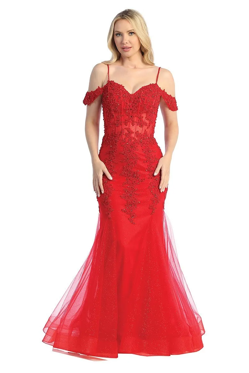 LF 7575 - Beaded Lace Embellished Fit & Flare Prom Gown with Sheer Corset Bodice & Tulle Skirt