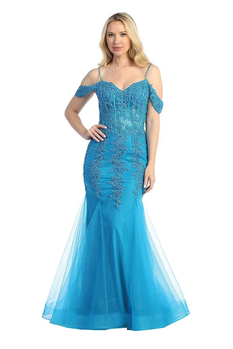 LF 7575 - Beaded Lace Embellished Fit & Flare Prom Gown with Sheer Corset Bodice & Tulle Skirt