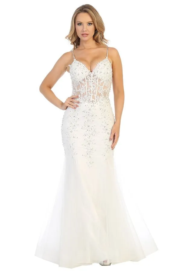 LF 7575 - Beaded Lace Embellished Fit & Flare Prom Gown with Sheer Corset Bodice & Tulle Skirt