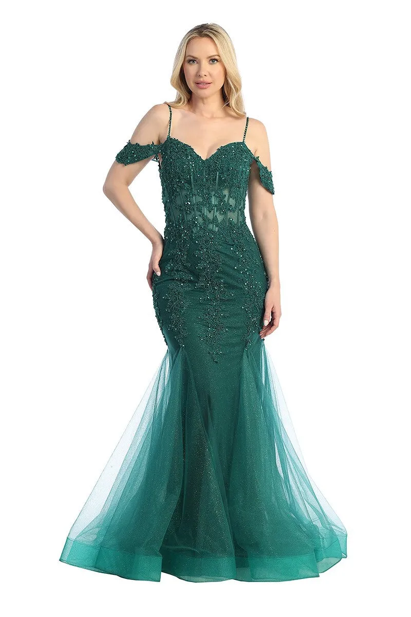LF 7575 - Beaded Lace Embellished Fit & Flare Prom Gown with Sheer Corset Bodice & Tulle Skirt