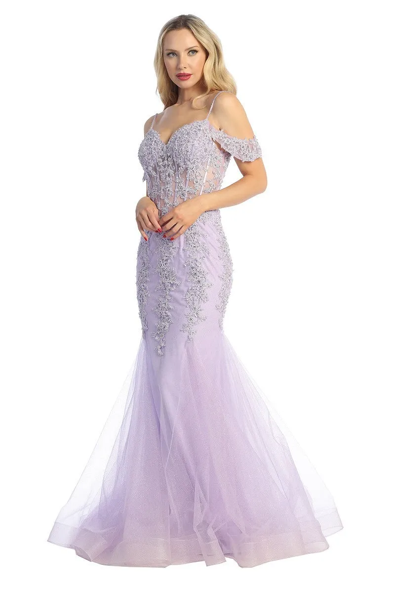 LF 7575 - Beaded Lace Embellished Fit & Flare Prom Gown with Sheer Corset Bodice & Tulle Skirt