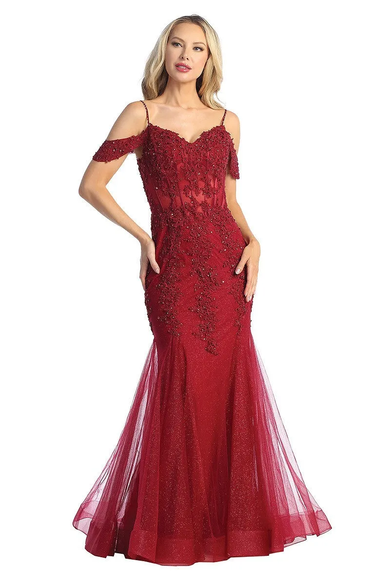 LF 7575 - Beaded Lace Embellished Fit & Flare Prom Gown with Sheer Corset Bodice & Tulle Skirt