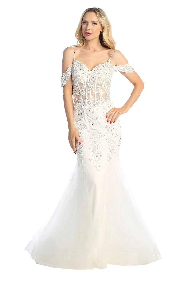 LF 7575 - Beaded Lace Embellished Fit & Flare Prom Gown with Sheer Corset Bodice & Tulle Skirt
