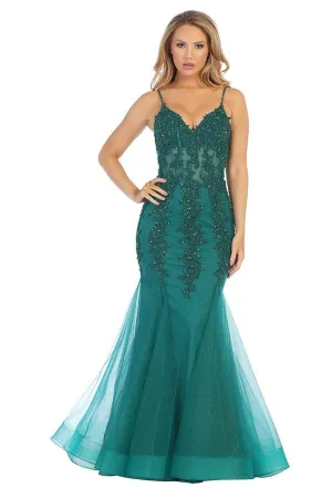 LF 7575 - Beaded Lace Embellished Fit & Flare Prom Gown with Sheer Corset Bodice & Tulle Skirt