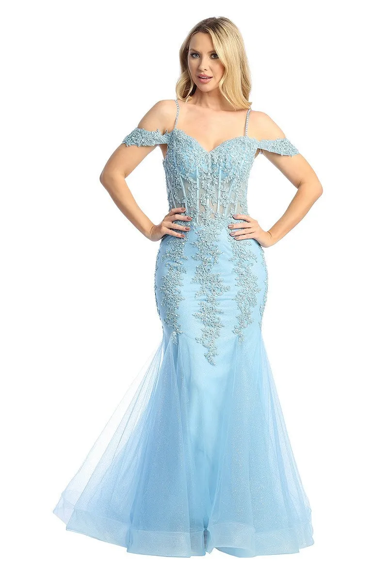 LF 7575 - Beaded Lace Embellished Fit & Flare Prom Gown with Sheer Corset Bodice & Tulle Skirt