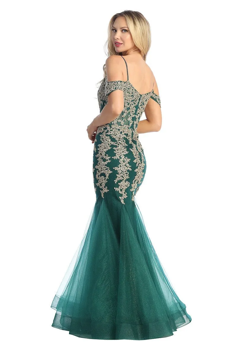 LF 7745 - Beaded Lace Embellished Fit & Flare Prom Gown with Sheer Corset Bodice & Tulle Skirt