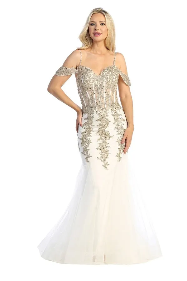 LF 7745 - Beaded Lace Embellished Fit & Flare Prom Gown with Sheer Corset Bodice & Tulle Skirt
