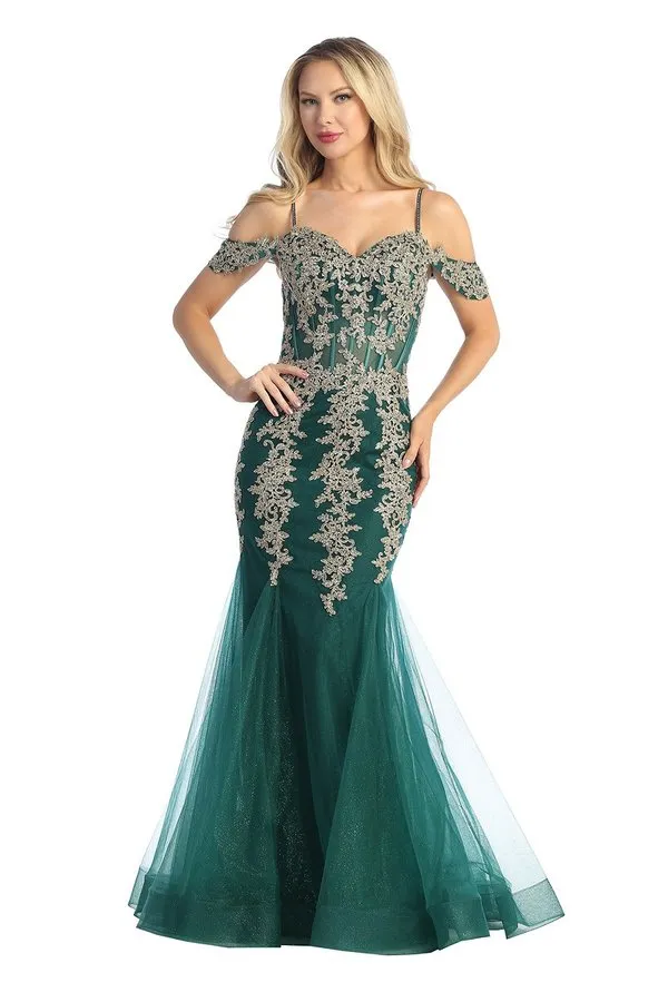LF 7745 - Beaded Lace Embellished Fit & Flare Prom Gown with Sheer Corset Bodice & Tulle Skirt