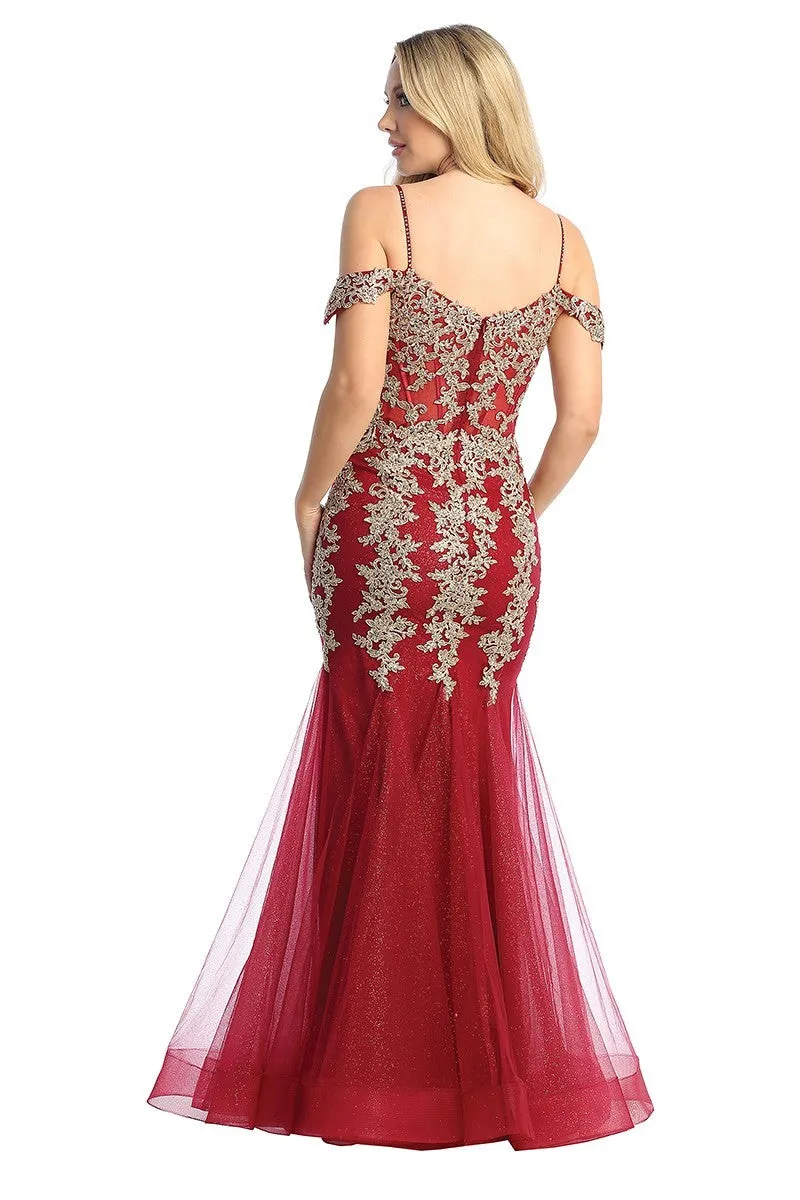 LF 7745 - Beaded Lace Embellished Fit & Flare Prom Gown with Sheer Corset Bodice & Tulle Skirt