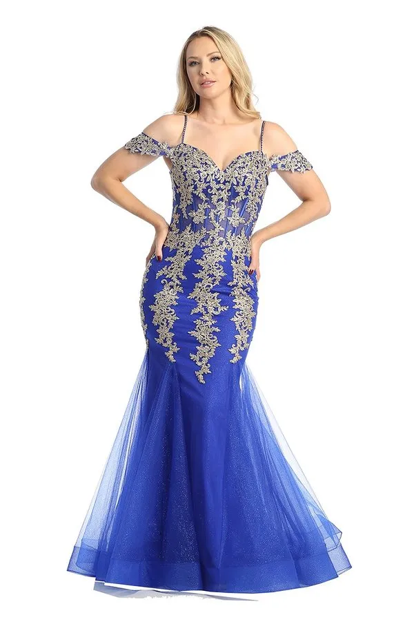 LF 7745 - Beaded Lace Embellished Fit & Flare Prom Gown with Sheer Corset Bodice & Tulle Skirt