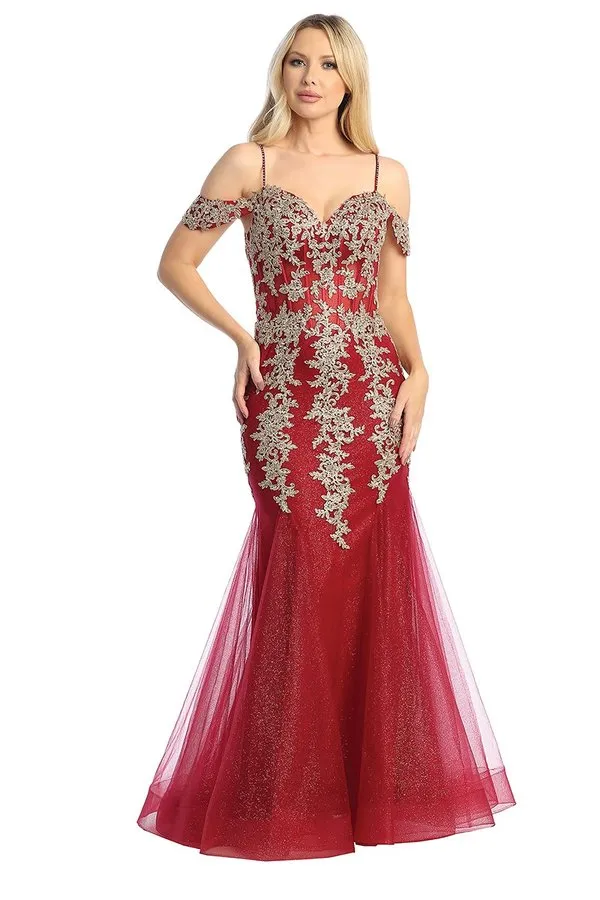 LF 7745 - Beaded Lace Embellished Fit & Flare Prom Gown with Sheer Corset Bodice & Tulle Skirt