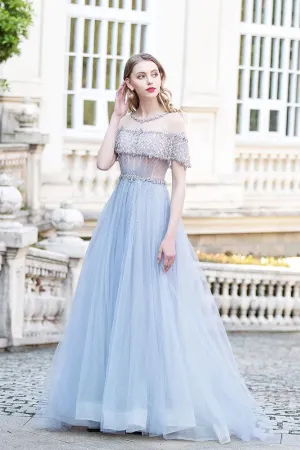 Light Blue Tulle Long Prom Dress Beaded Aline Formal Gowns OKW68