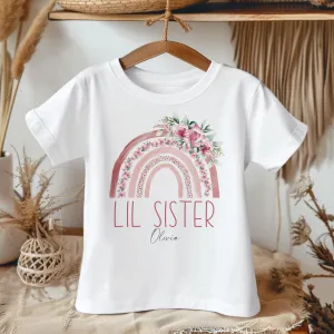 Lil Sister Pink Boho Rainbow Personalised Toddler & Kids T Shirt