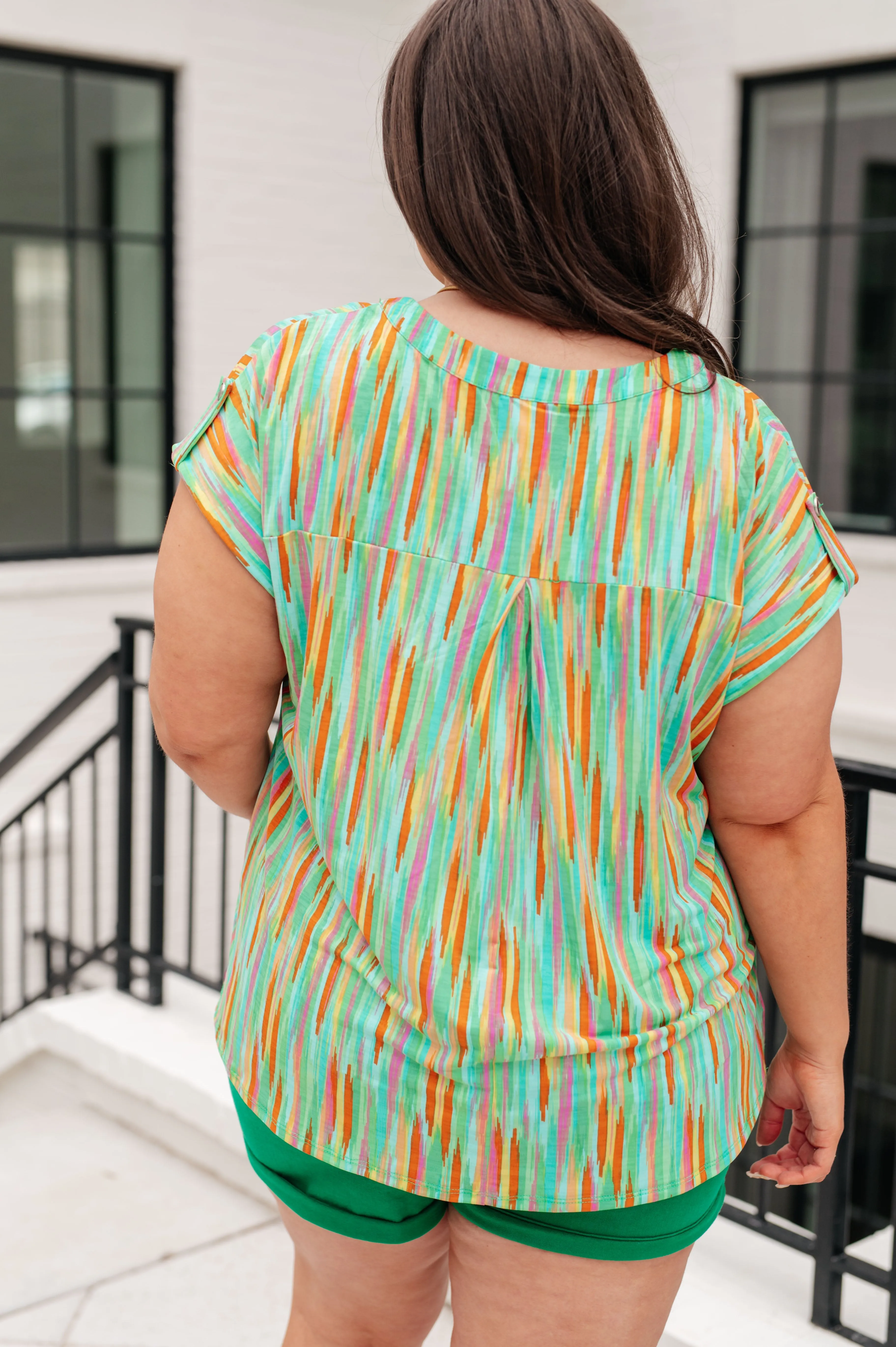 Lizzy Cap Sleeve Top in Lime and Emerald Stripes