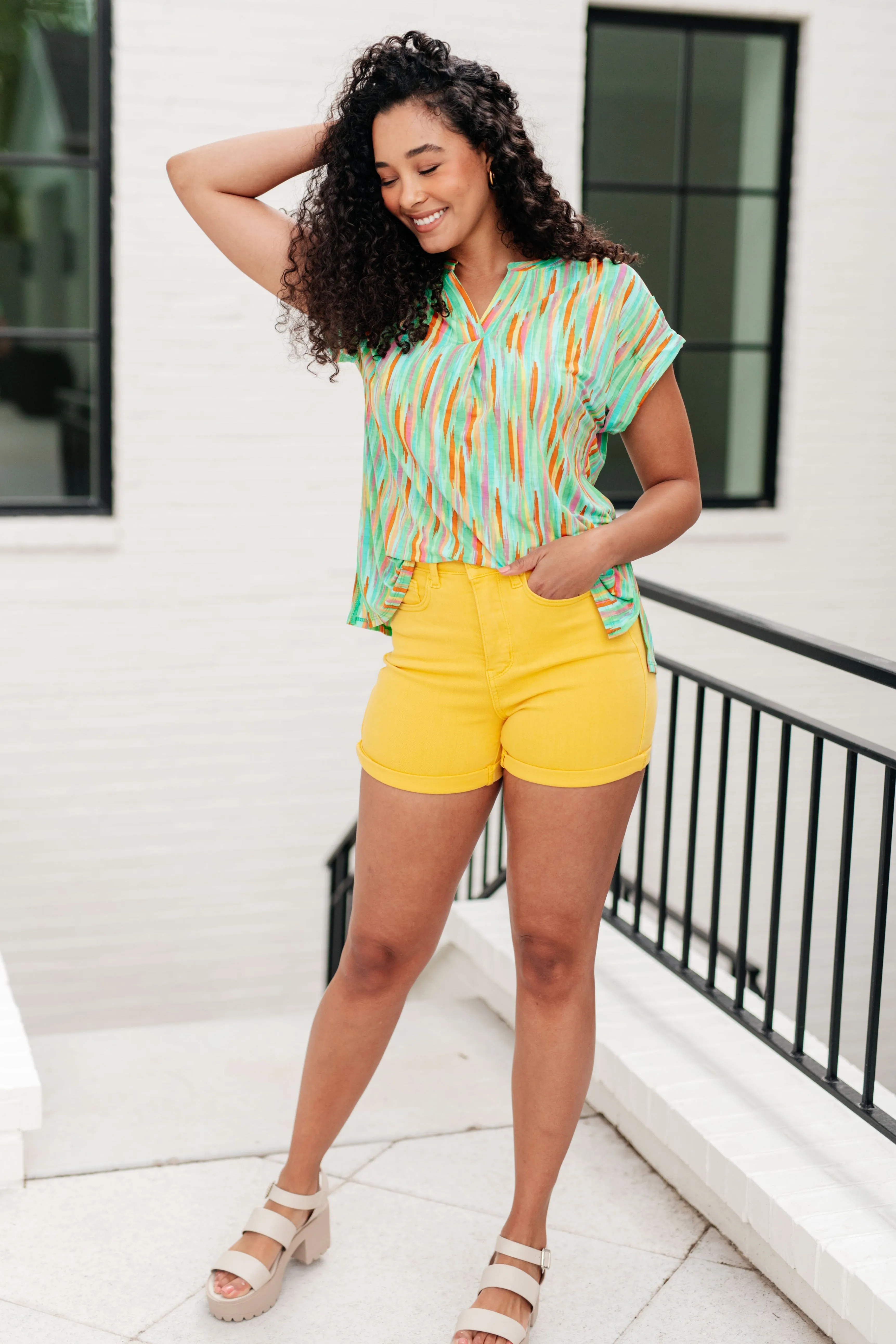 Lizzy Cap Sleeve Top in Lime and Emerald Stripes