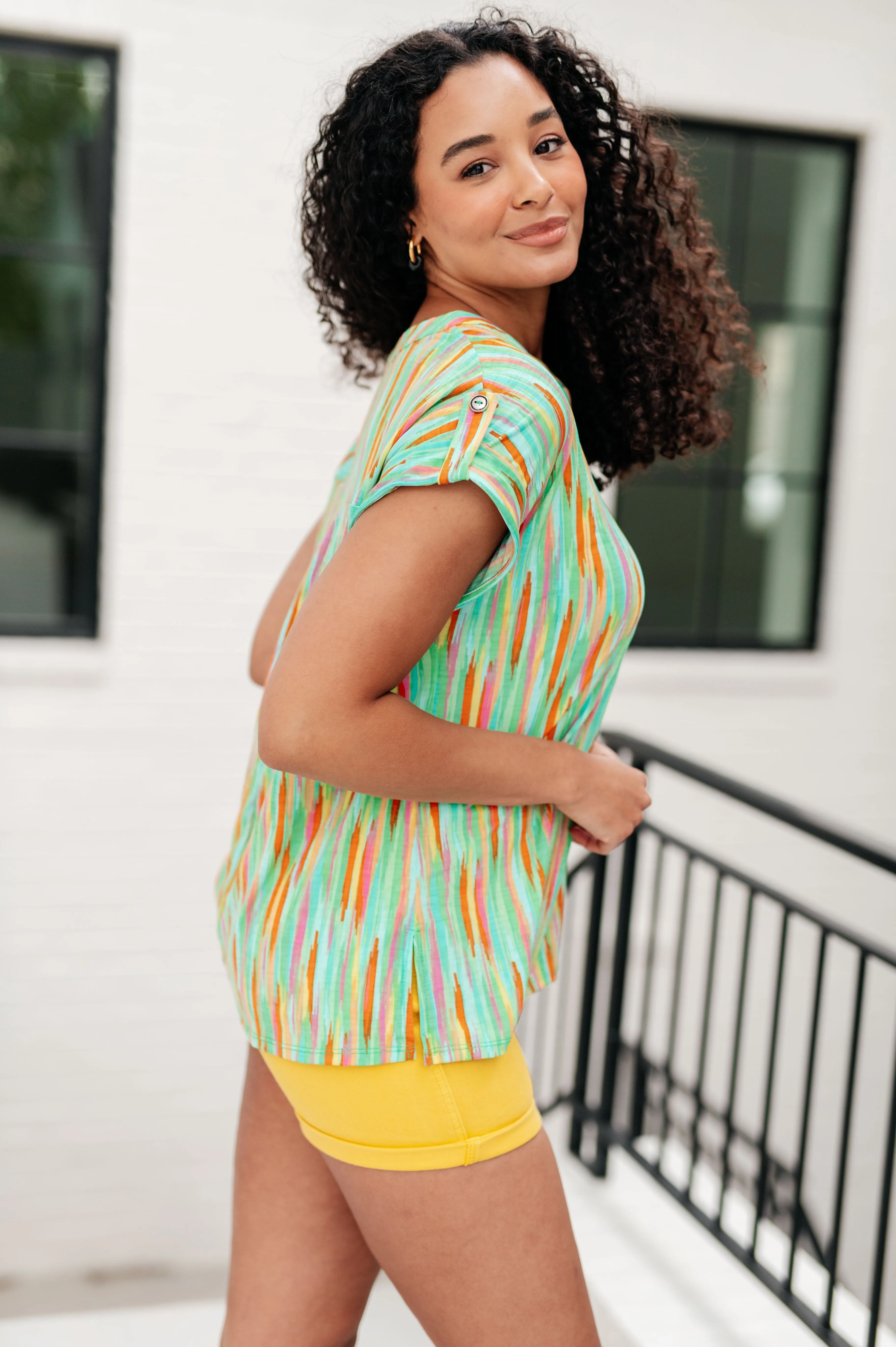 Lizzy Cap Sleeve Top in Lime and Emerald Stripes