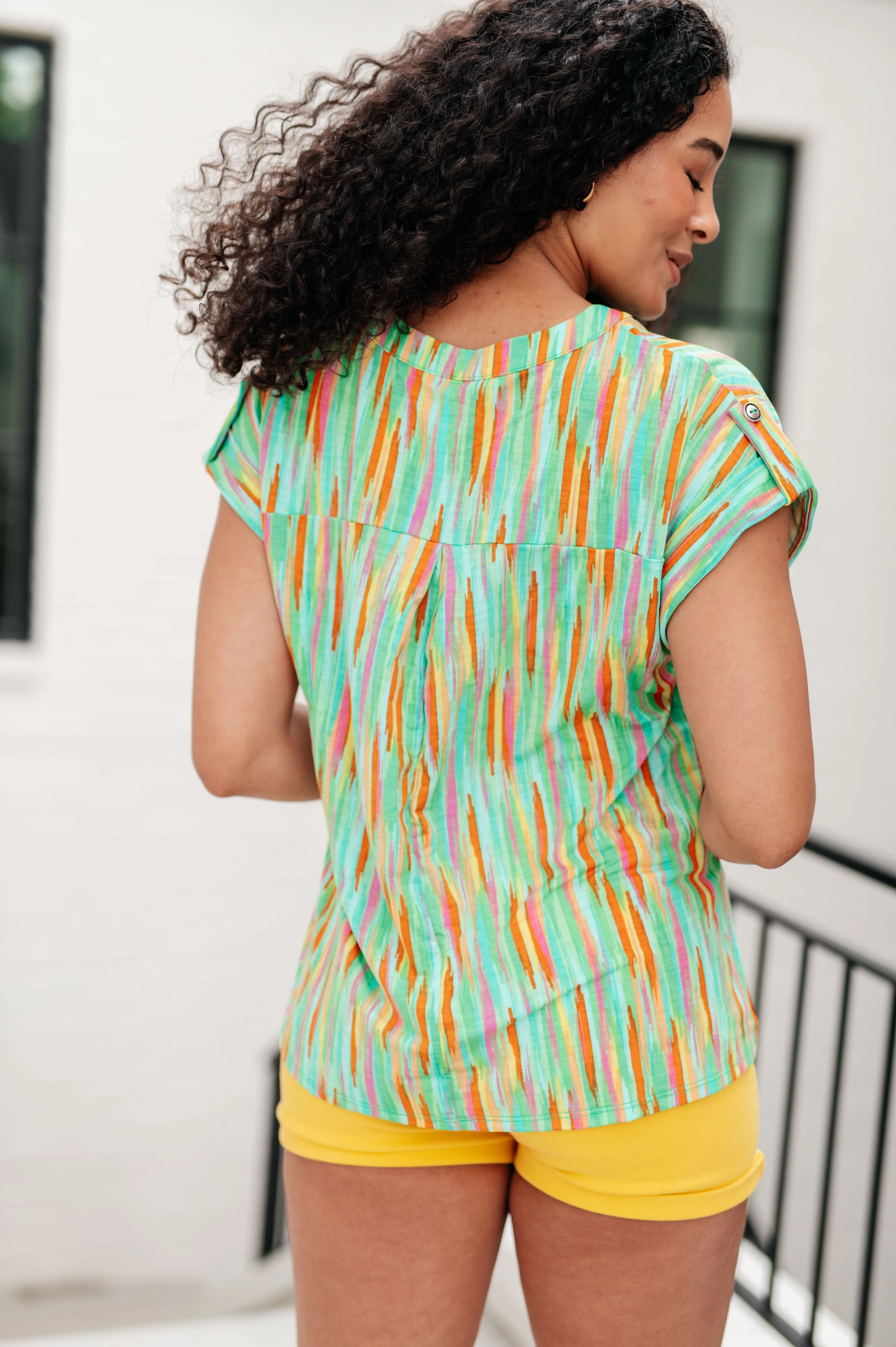 Lizzy Cap Sleeve Top in Lime and Emerald Stripes