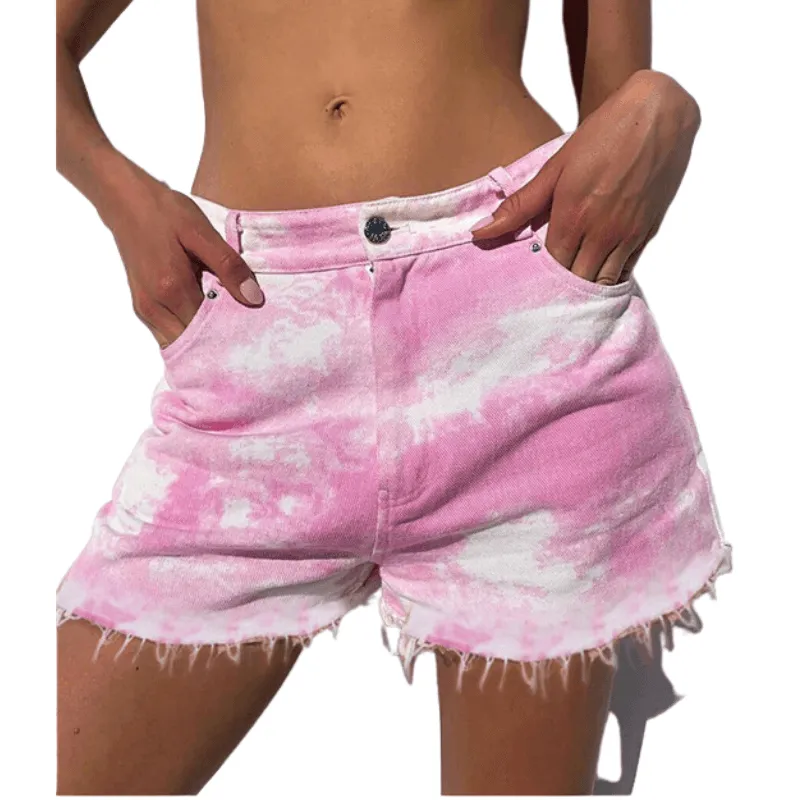 Loose Women's Low Waist Tie-dye Ripped Denim Shorts