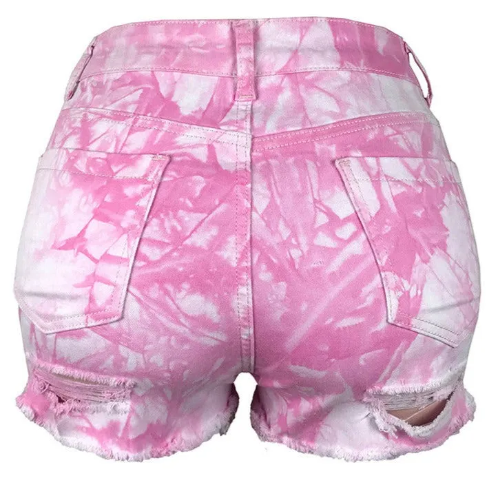 Loose Women's Low Waist Tie-dye Ripped Denim Shorts