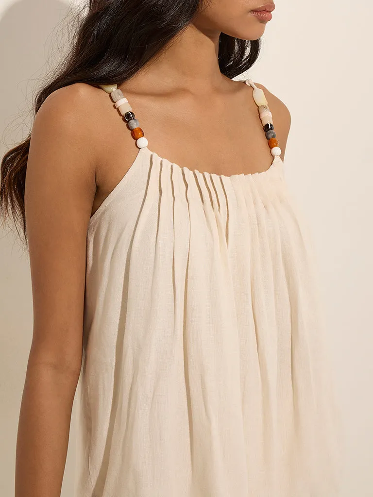 LOV Beige Pintuck Detailed Linen-Blend Top