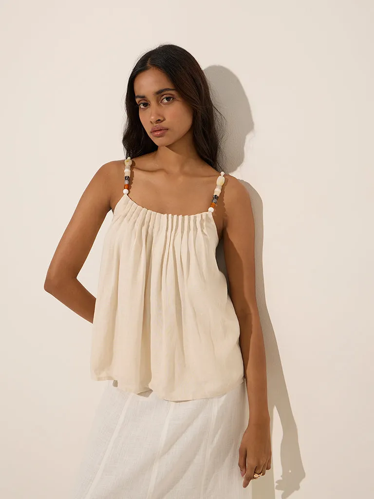 LOV Beige Pintuck Detailed Linen-Blend Top