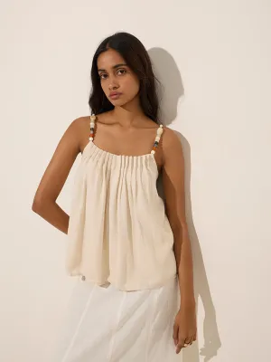 LOV Beige Pintuck Detailed Linen-Blend Top