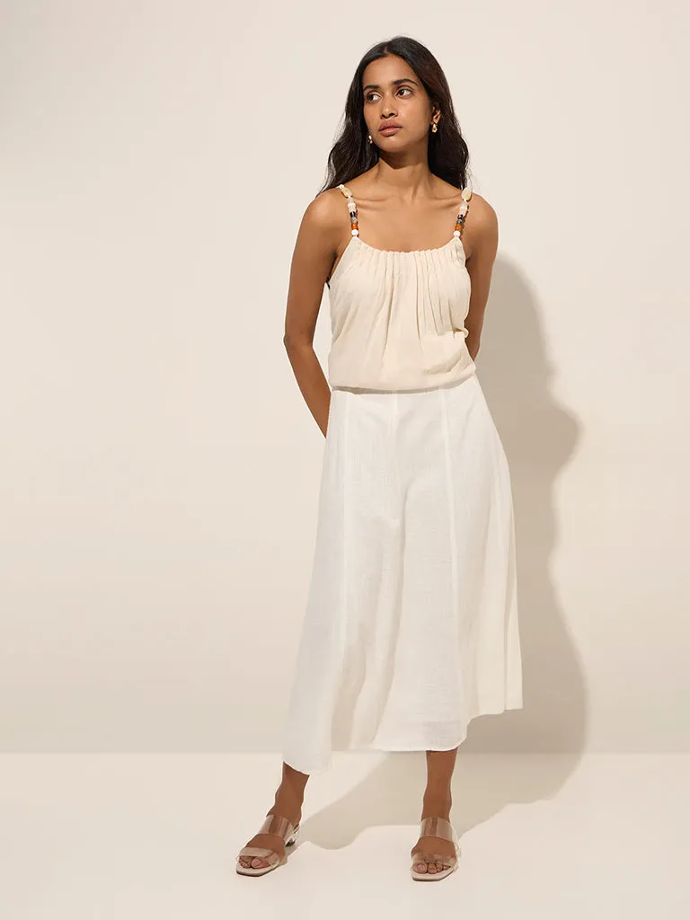 LOV Beige Pintuck Detailed Linen-Blend Top